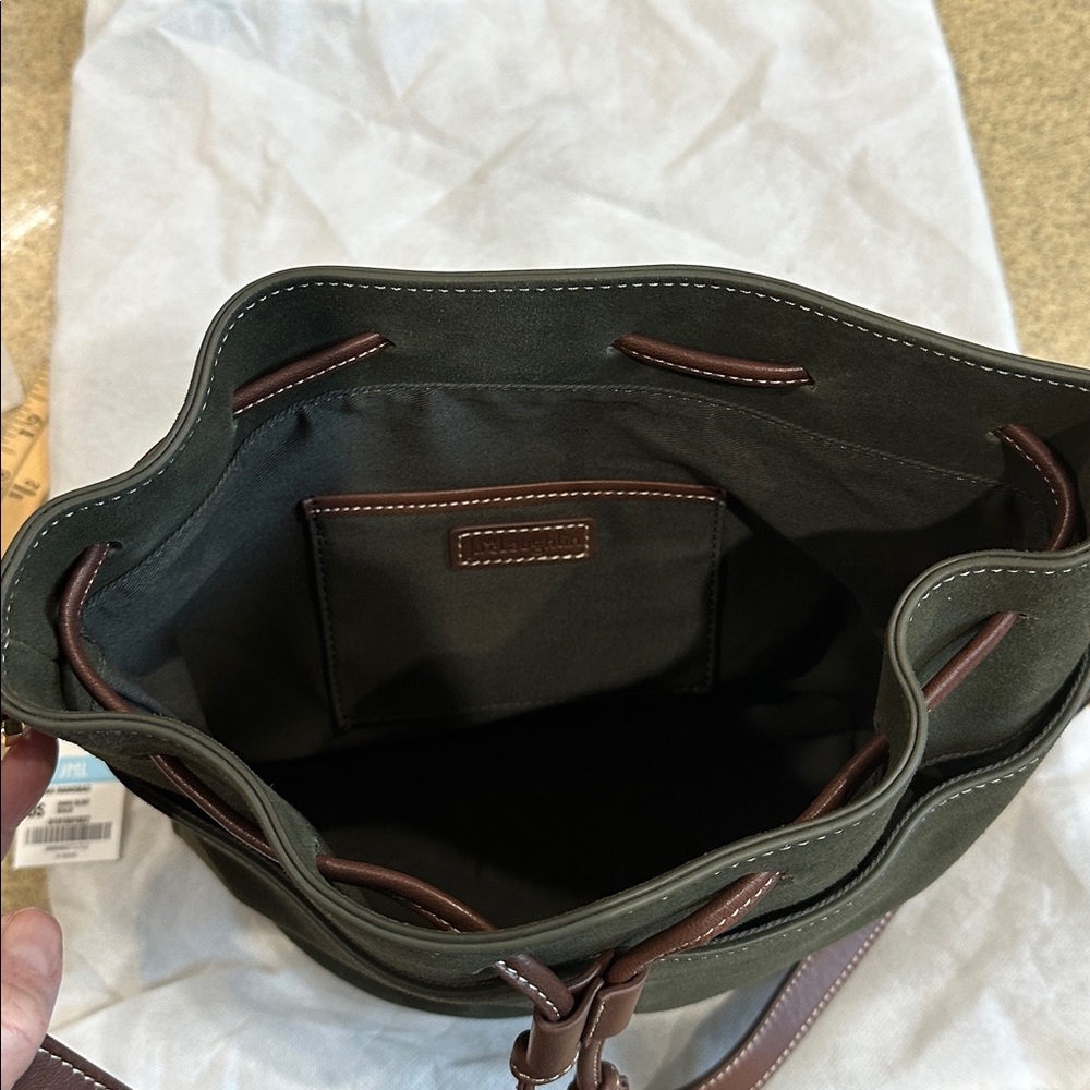 J McLaughlin Olive Suede Crossbody Bucket Bag. - Picture 6 of 9